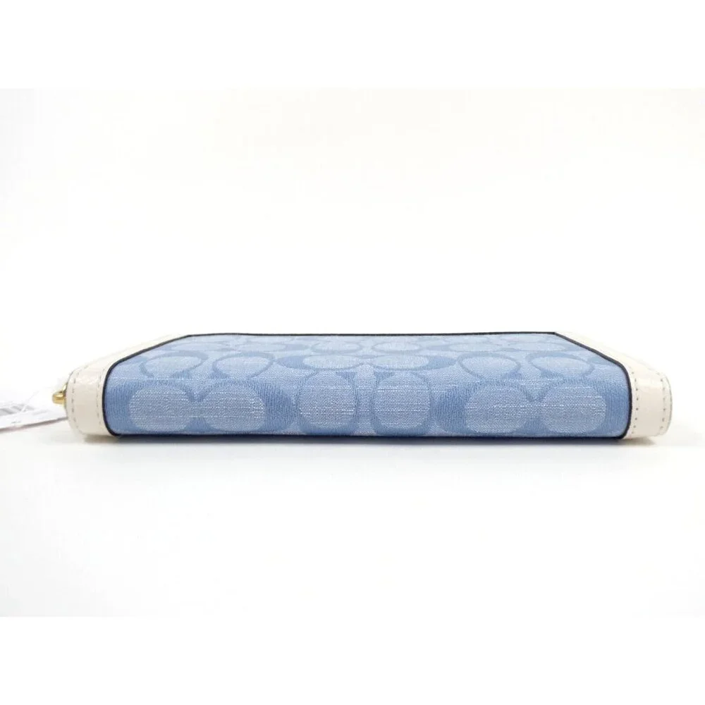 Coach Signature Light Washed Denim Chalk Accordion Zip‎ Wallet NWT C5684